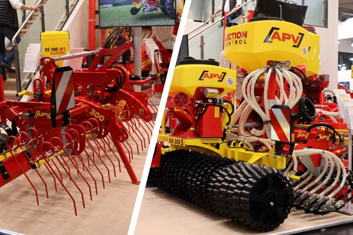 Da sinistra, l'attrezzatura anteriore e quella posteriore della nuova combinata di semina per prati ed erbai GK 300 S di APV